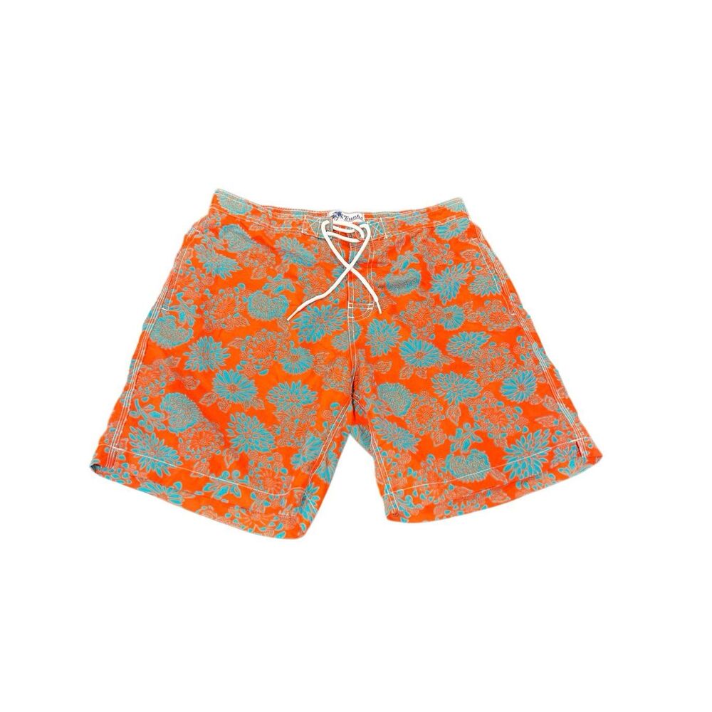 Trunks Surf & Swim Men's Floral Drawstring Board Shorts Orange Aqua Size Large